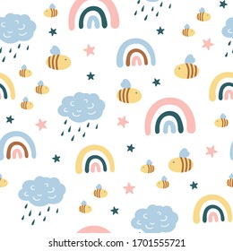 Childish seamless vector pattern with cute clouds, rainbows, insects, bee and moth in Scandinavian style. Creative vector childish background for fabric, textile.
