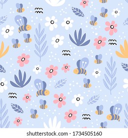 Childish seamless vector pattern with cute  bee and hand drawn elements in Scandinavian style. Creative vector childish background for fabric, textile.