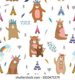 Childish seamless vector pattern with cute bears in cartoon style. Creative vector childish background for fabric, textile, apparel
