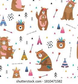 Childish seamless vector pattern with cute bears in cartoon style. Creative vector childish background for fabric, textile, apparel
