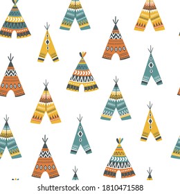 Childish seamless vector pattern with cute teepee in cartoon style. Creative vector childish background for fabric, textile, apparel
