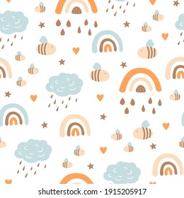 Childish seamless vector pattern with cute clouds, rainbows, insects, bee in Scandinavian style. Creative vector childish background for fabric, textile.