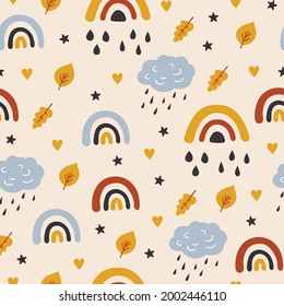 Childish seamless vector pattern with cute clouds, rainbows, leaves in Scandinavian style. Creative vector childish background for fabric, textile.