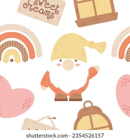 Childish seamless vector pattern with cute Dwaft, heart, rainbow and flashlight. Funny print background perfect for fabric. White background. Vector illustration