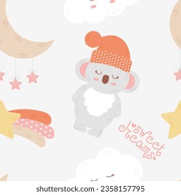 Childish seamless vector pattern with cute panda, fluffy cloud, moon and stars. Funny print background perfect for fabric. Gray background. Vector