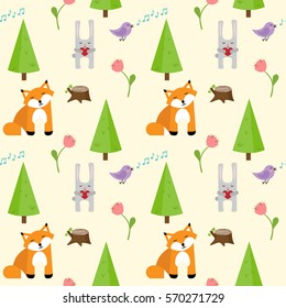 childish seamless vector pattern with cute animals, trees and flowers