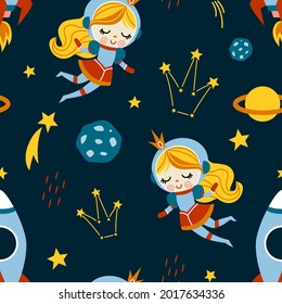 Childish seamless vector pattern girl in space, rocket, spaceships and planets with stars. Space princess astronaut. Trendy kids vector background for wrapping paper, textile, fabric, invitation