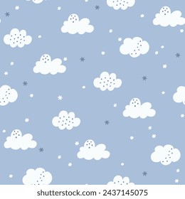 Childish seamless vector pattern with hand drawn clouds and snowflakes. Cute snowy background for kids room decor, nursery art, apparel, gift, fabric, textile, wrapping paper, wallpaper, packaging.
