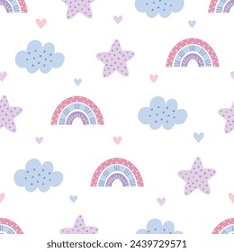 Childish seamless vector pattern with hand drawn rainbow, cloud and star. Cute scandi background for kids room decor, nursery art, apparel, gift, fabric, textile, wrapping paper, wallpaper, packaging.