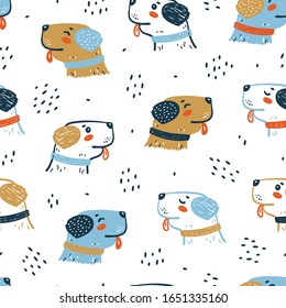 Childish Seamless Vector Pattern with Happy Cute Dog Faces. Doodle Cartoon Funny Puppies Background for Kids. Wallpaper with Pet Animals for Baby Fashion, Nursery Design