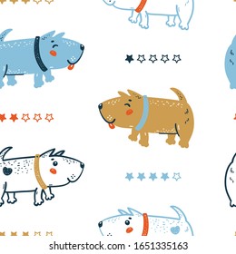 Childish Seamless Vector Pattern with Happy Cute Dogs and Star Rating. Doodle Cartoon Funny Puppies Background for Kids. Wallpaper with Pet Animals for Baby Fashion, Nursery Design