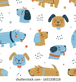 Childish Seamless Vector Pattern with Happy Cute Dogs. Doodle Cartoon Funny Puppies Background for Kids. Wallpaper with Pet Animals for Baby Fashion, Nursery Design