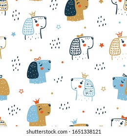 Childish Seamless Vector Pattern with Happy Cute Princess Dog Faces. Doodle Cartoon Funny Puppies Background for Kids. Wallpaper with Pet Animals for Baby Fashion, Nursery Design