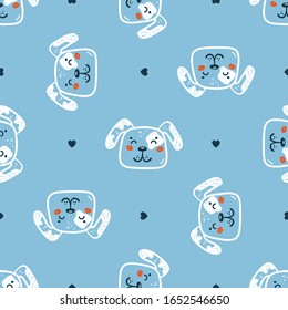 Childish Seamless Vector Pattern with Happy Cute Spotted Dog Faces and Hearts. Doodle Cartoon Funny Puppies Background for Kids. Wallpaper with Pet Animals for Baby Fashion, Nursery Design