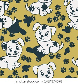 Childish Seamless Vector Pattern With Messy Dogs And Footprints. Perfect For Kids Apparel, Fabric, Textile, Nursery Decoration, Wrapping Paper.