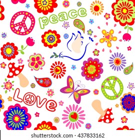 Childish seamless wallpaper with colorful abstract flowers, hippie symbolic, mushrooms and dove