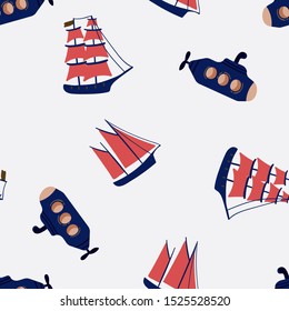 Childish seamless water transportation pattern with sailboat and submarine.Creative water transportation texture for fabric,wrapping,textile, wallpaper,apparel.Vector illustration