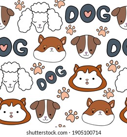 Childish seamless white pattern with cute dogs, paws and inscriptions. Texture for baby clothes, fabric, wrapping paper and textiles.