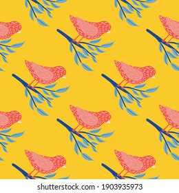 Childish seamless zoo pattern with pink birds silhouettes on branches. Yellow bright background. Vector illustration for seasonal textile prints, fabric, banners, backdrops and wallpapers.