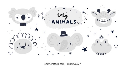 Childish set with cartoon little animals and kids decoration elements. Milestone collection with frog, elephant, lion, giraffe. Baby shower party. Design elements for textile, cards, poster, decor