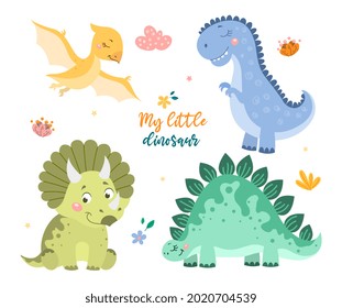 Childish set with cute baby dino collection on white background. Concept of dinosaur animals, mom and baby dino, family of dinosaurs. Flat cartoon vector illustration