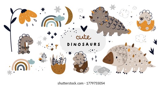 Juego infantil con adorables personajes de dino. Colección de animales de dinosaurio: mamá y bebé dino en huevo. Conjunto de elementos de la naturaleza de dibujos animados vectores para impresiones o diseño en vivero