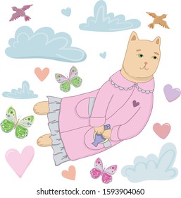 Childish set with cute flying cat with fish. Perfect for kids design, wrapping, wallpaper