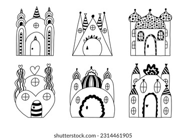 Childish set with fairy tale castles with towers of kings and queens. Bundle of magic medieval castles for kids nursery, children posters, bedroom design. Vector hand drawn doodle of royal kingdom.
