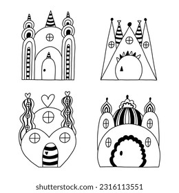 Childish set with fairy tale castles with towers of kings and queens. Bundle of magic medieval castles for kids nursery, children posters, bedroom design. Vector hand drawn doodle of royal kingdom.