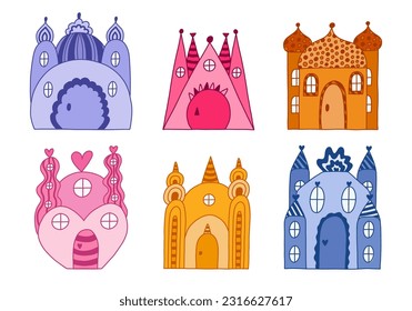 Childish set with fairy tale castles with towers of kings and queens. Bundle of magic medieval castles for kids nursery, children posters, bedroom design. Vector hand drawn doodle of royal kingdom.
