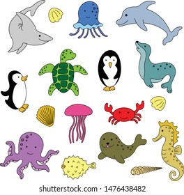 Childish set hand drawn vector doodle design sea animals