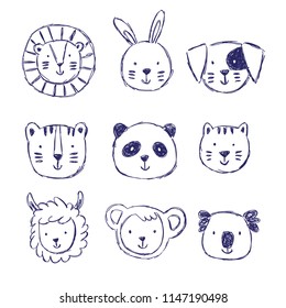 Childish set of illustrations with cute animals in black and white style. Creative scandinavian kids texture for fabric, wrapping, textile, wallpaper, apparel. Vector illustration