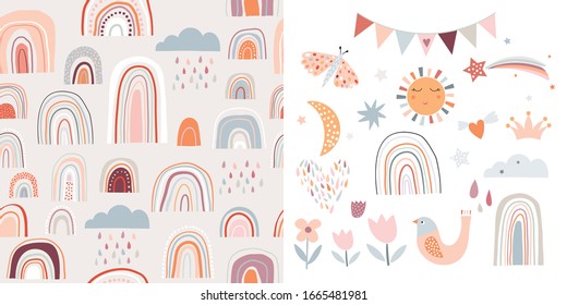 
Childish set with rainbows, seamless pattern and cute elements, decorative design, pastel colors