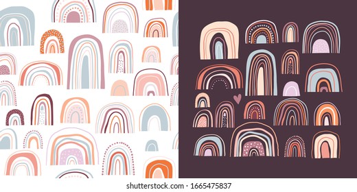 Childish set with seamless pattern and various rainbows collection