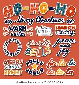 Childish set of stickers with lettering for greeting Xmas for planners, notebooks. Ready for print list of cute celebration phrases for wintertime holiday, Christmas and New Yew. Trendy merry quote.