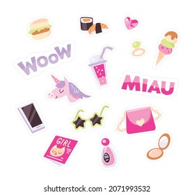 Childish set of subjects, objects, stickers, Kawaii elements Patches Design. Set of weekly or daily planner stickers with cartoon images and lettering. Signs,symbols,objects for scheduler or organizer