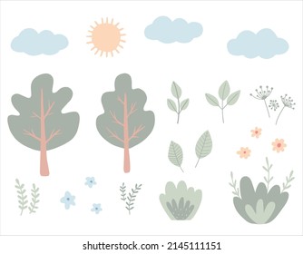 Un entorno infantil con árboles, arbustos, hierba, nubes y el sol. Colección con elementos de la naturaleza para el diseño de dibujos animados. Simple ilustración vectorial plana.