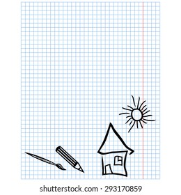 Childish simple drawings on checkered sheet with images of brush, pencil, house and sun, vector illustration