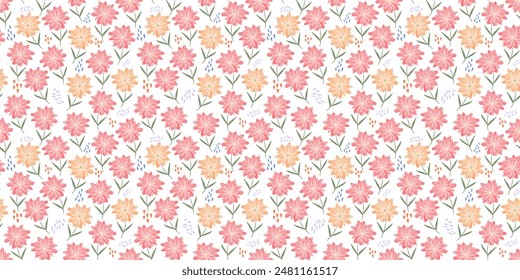 Childish sketch floral seamless pattern with red and orange daisy flowers, hearts and dots. Cute ditsy botanical print with hand drawn gerbera for textile, wrapping paper, surface design, wallpaper