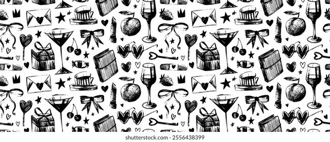 Childish sketchy cute seamless pattern with girlish style elements. Crayon drawn vector graphic seamless pattern. Freehand picnic elements, girly design with wine, lipstick, fruits and bows.