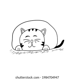 Childish sleeping cat. Hand drawn comic isolated vector illustration for coloring book. Stroke only.