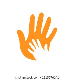 A childish small hand on an adult's big hand. Two hands. Support symbol. Vector illustration.