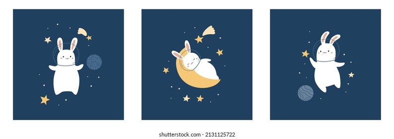 Childish space cards collection. Cute cartoon rabbit with planets, stars and moon. Hand drawn cartoon bunny. Perfect for t-shirt design, greeting card and posters. Vector illustration.