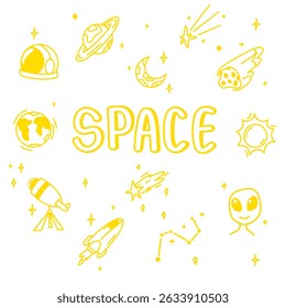 Childish space doodle set with sun, moon, stars, planets, and spaceship. Crayon and ink sketch style. Ideal for kids’ prints, posters, and night sky themed illustrations.