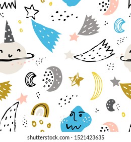 Childish space elements seamless pattern. Cute vector illustration. Seamless pattern with cartoon space, planets and stars. Cosmos doodle illustration.