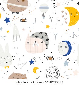 Childish space elements seamless pattern. Cute vector illustration. Seamless pattern with cartoon space, planets and stars. Cosmos doodle illustration. Cute animals in space.