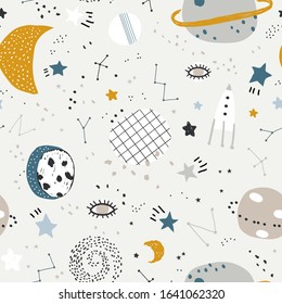 Childish space elements seamless pattern. Cute vector illustration. Seamless pattern with cartoon space, planets and stars. Cosmos doodle illustration.