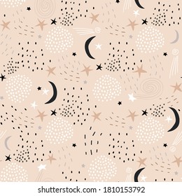 Childish space hand drawn pattern with moon, stars and hand drawntextures. Trendy vector texture