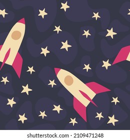 Childish Space rocket journye seamless pattern. Cosmos flight concept. Illustration in flat hand drawn style for boy s nursery