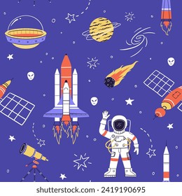 childish space seamless pattern for fashion clothes, fabric, t shirts. hand drawn vector illustration.